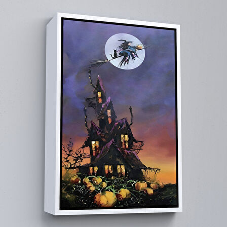 Altın Çerçeveli Süpürge İle Uçan Cadı ve Kedisi Cadılar Bayramı Helloven Duvar Tablosu