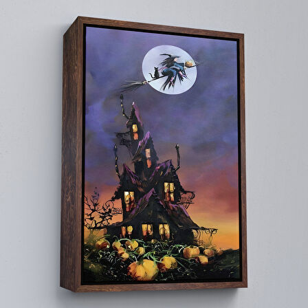 Altın Çerçeveli Süpürge İle Uçan Cadı ve Kedisi Cadılar Bayramı Helloven Duvar Tablosu