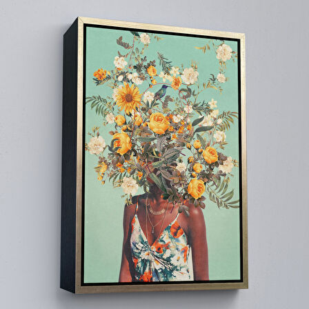 Altın Çerçeveli Çiçek Başlı Siyahi Kadın, Afrıkalı Kadın Kanvas Tablo