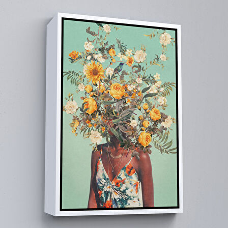 Altın Çerçeveli Çiçek Başlı Siyahi Kadın, Afrıkalı Kadın Kanvas Tablo