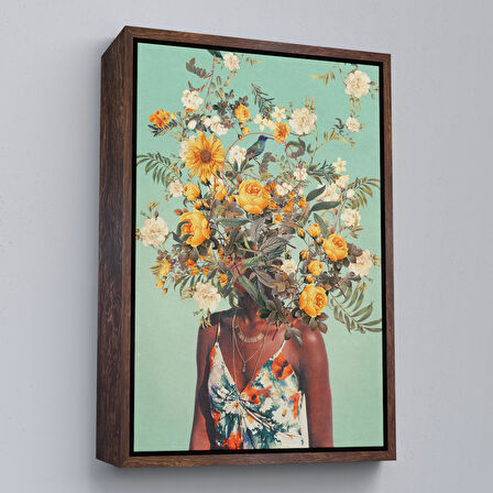 Beyaz Çerçeveli Çiçek Başlı Siyahi Kadın, Afrıkalı Kadın Kanvas Tablo