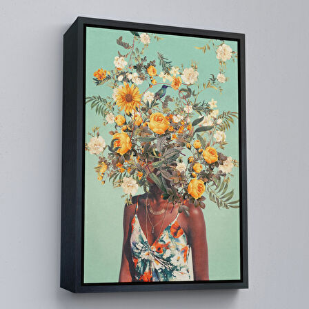 Beyaz Çerçeveli Çiçek Başlı Siyahi Kadın, Afrıkalı Kadın Kanvas Tablo