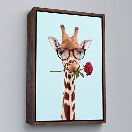 Altın Çerçeveli Ağzında Gül Olan Gözlüklü Zürafa Duvar Tablosu