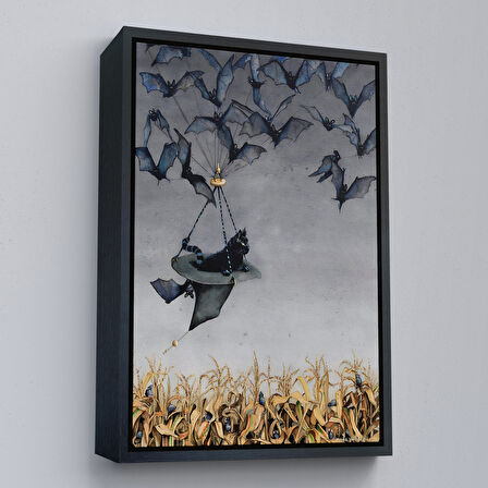 Siyah Çerçeveli Tarla Farelerinin Üstünden Yarasaların Yardımı ile Uçan Kara Kedi Tablosu