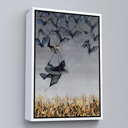 Siyah Çerçeveli Tarla Farelerinin Üstünden Yarasaların Yardımı ile Uçan Kara Kedi Tablosu