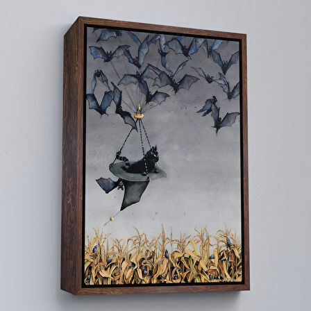 Siyah Çerçeveli Tarla Farelerinin Üstünden Yarasaların Yardımı ile Uçan Kara Kedi Tablosu