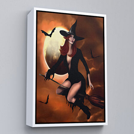 Beyaz Çerçeveli Süpürge İle Uçan Cadı, Cadılar Bayramı Helloven Duvar Tablosu