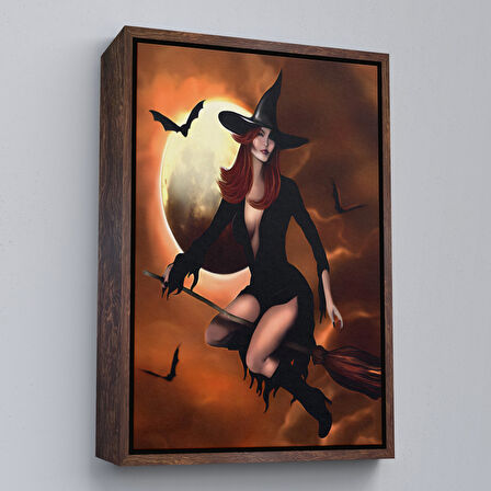 Beyaz Çerçeveli Süpürge İle Uçan Cadı, Cadılar Bayramı Helloven Duvar Tablosu