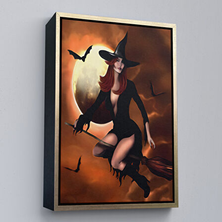 Beyaz Çerçeveli Süpürge İle Uçan Cadı, Cadılar Bayramı Helloven Duvar Tablosu