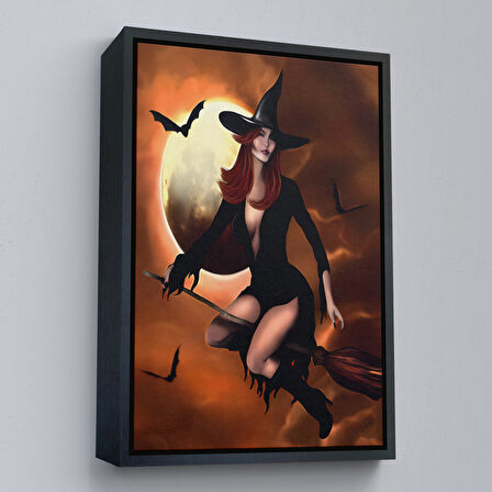 Beyaz Çerçeveli Süpürge İle Uçan Cadı, Cadılar Bayramı Helloven Duvar Tablosu