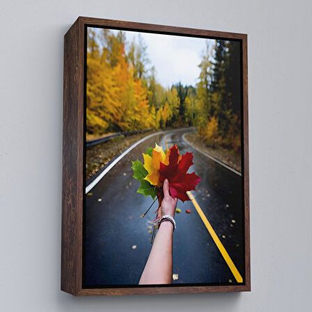 Siyah Çerçeveli Sonbaharın Renkli Yaprakları ve Yol Manzarası Duvar Tablosu