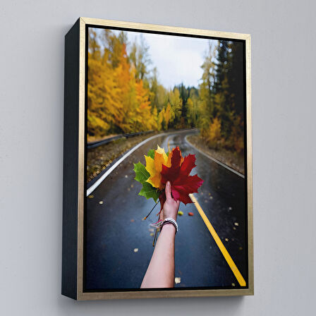 Siyah Çerçeveli Sonbaharın Renkli Yaprakları ve Yol Manzarası Duvar Tablosu