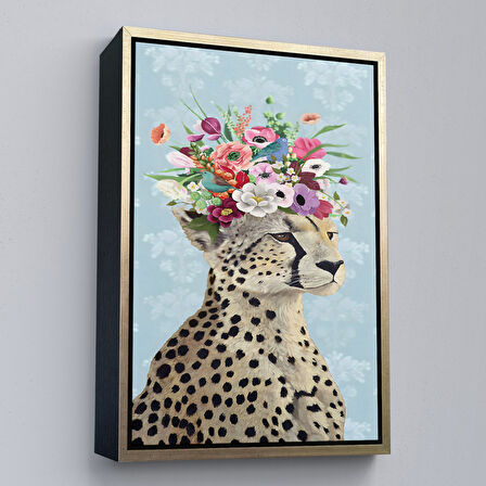 Altın Çerçeveli Çiçek Taçlı Kraliçe Çita Kanvas Tablo