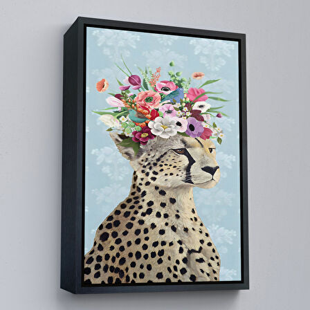 Altın Çerçeveli Çiçek Taçlı Kraliçe Çita Kanvas Tablo