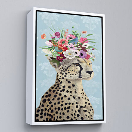 Siyah Çerçeveli Çiçek Taçlı Kraliçe Çita Kanvas Tablo