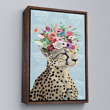 Siyah Çerçeveli Çiçek Taçlı Kraliçe Çita Kanvas Tablo