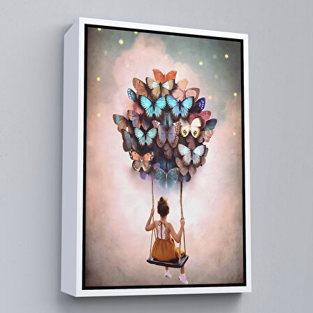 Altın Çerçeveli Kelebeklerin Uçurduğu Kız Çocuğu Duvar Tablosu