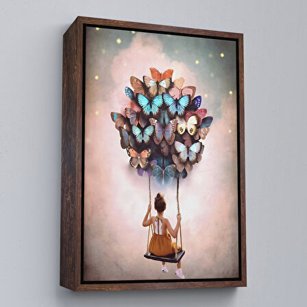 Siyah Çerçeveli Kelebeklerin Uçurduğu Kız Çocuğu Duvar Tablosu