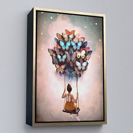 Siyah Çerçeveli Kelebeklerin Uçurduğu Kız Çocuğu Duvar Tablosu