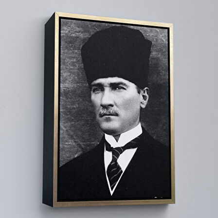 Siyah Çerçeveli Atatürk Portre Tablosu Mustafa Kemal Atatürk Dikdörtgen Dekoratif Kanvas Tablo