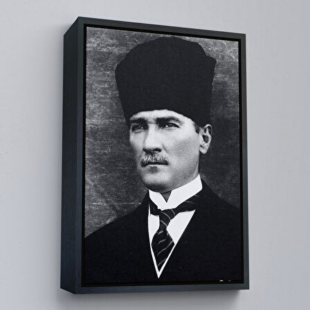 Kahverengi Çerçeveli Atatürk Portre Tablosu Mustafa Kemal Atatürk Dikdörtgen Dekoratif Kanvas Tablo