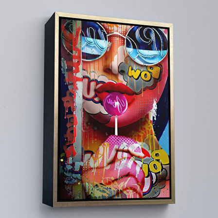 Kahverengi Çerçeveli Pop Art Sokak Sanatı Renkli Kadın Dekoratif Duvar Tablosu