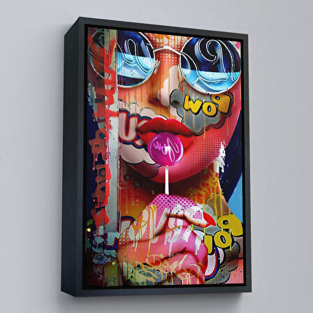 Kahverengi Çerçeveli Pop Art Sokak Sanatı Renkli Kadın Dekoratif Duvar Tablosu