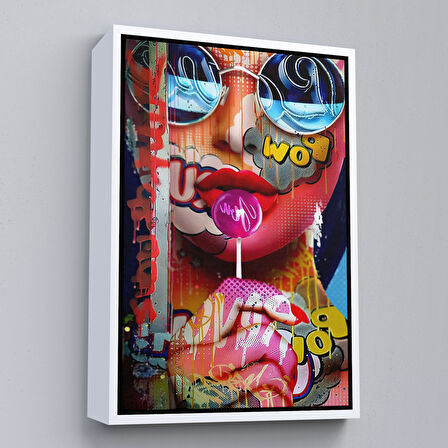 Kahverengi Çerçeveli Pop Art Sokak Sanatı Renkli Kadın Dekoratif Duvar Tablosu