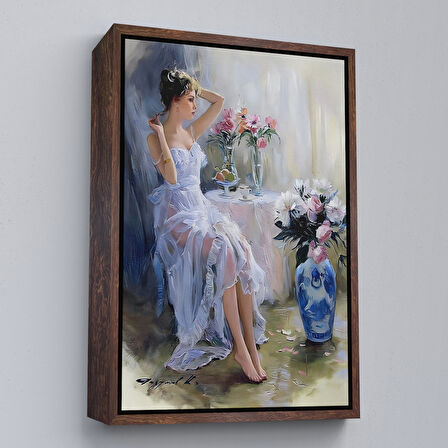 Beyaz Çerçeveli Beyaz Elbiseli Güzel Kız Dekoratif Duvar Tablosu