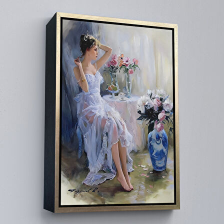 Beyaz Çerçeveli Beyaz Elbiseli Güzel Kız Dekoratif Duvar Tablosu