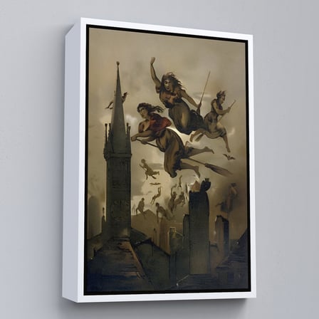 Altın Çerçeveli Süpürgelerindeki Cadılar Evlerinin Çatılarının Üzerinden Uçuyor Duvar Tablosu