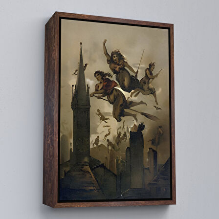 Beyaz Çerçeveli Süpürgelerindeki Cadılar Evlerinin Çatılarının Üzerinden Uçuyor Duvar Tablosu