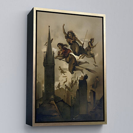 Beyaz Çerçeveli Süpürgelerindeki Cadılar Evlerinin Çatılarının Üzerinden Uçuyor Duvar Tablosu