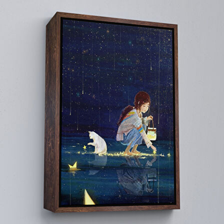 Beyaz Çerçeveli Yıldız Toplayan Kız ve Kedi Dekoratif Duvar Tablosu