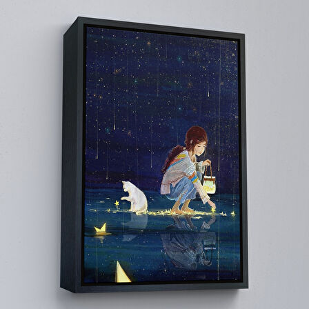 Beyaz Çerçeveli Yıldız Toplayan Kız ve Kedi Dekoratif Duvar Tablosu