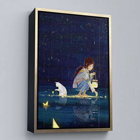 Kahverengi Çerçeveli Yıldız Toplayan Kız ve Kedi Dekoratif Duvar Tablosu