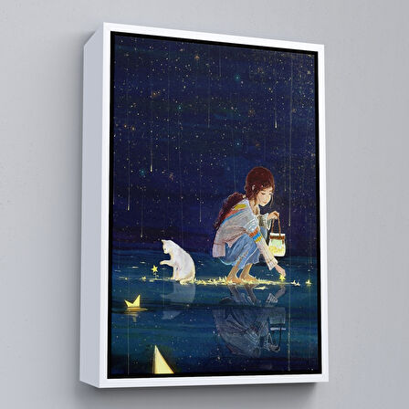 Kahverengi Çerçeveli Yıldız Toplayan Kız ve Kedi Dekoratif Duvar Tablosu