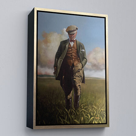 Altın Çerçeveli Tarlada Yürüyen Mustafa Kemal Atatürk Duvar Tablosu