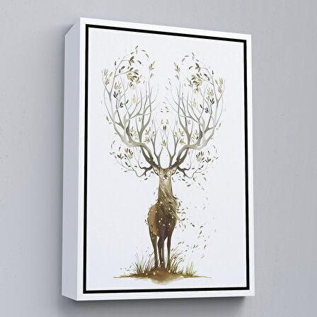 Beyaz Çerçeveli Yaprak Boynuzlu Geyik Tablosu