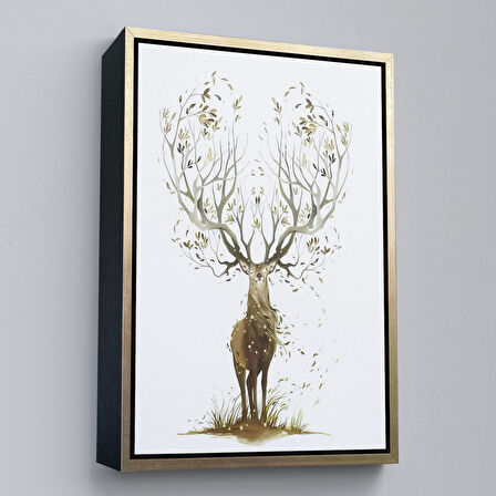 Beyaz Çerçeveli Yaprak Boynuzlu Geyik Tablosu