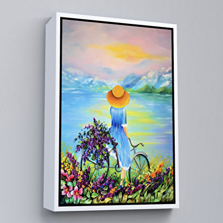 Siyah Çerçeveli Göl Kenarındaki Bisikletli Kız Dekoratif Duvar Tablosu