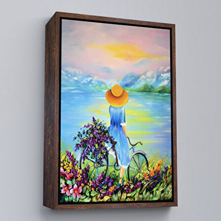 Siyah Çerçeveli Göl Kenarındaki Bisikletli Kız Dekoratif Duvar Tablosu