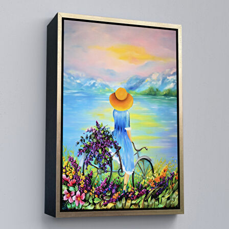 Siyah Çerçeveli Göl Kenarındaki Bisikletli Kız Dekoratif Duvar Tablosu