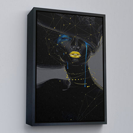 Altın Çerçeveli Sürreal Siyah Kadın Dekoratif Duvar Tablosu