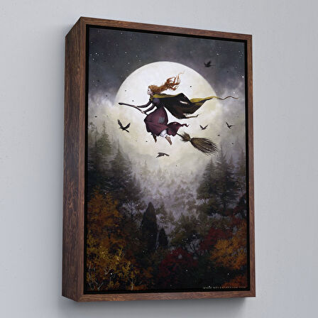 Altın Çerçeveli Süpürge ile Uçan Cadı, Cadılar Bayramı Helloven Duvar Tablosu