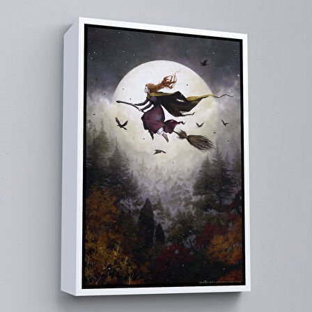 Siyah Çerçeveli Süpürge ile Uçan Cadı, Cadılar Bayramı Helloven Duvar Tablosu