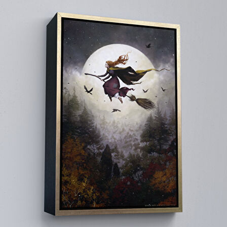 Kahverengi Çerçeveli Süpürge ile Uçan Cadı, Cadılar Bayramı Helloven Duvar Tablosu