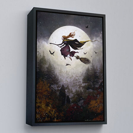 Kahverengi Çerçeveli Süpürge ile Uçan Cadı, Cadılar Bayramı Helloven Duvar Tablosu