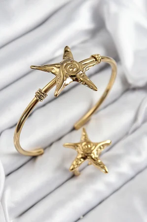 Pirinç Deniz Yıldızı Model Gold Renk Bileklik Yüzük Set 5886