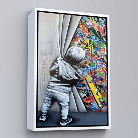 Beyaz Çerçeveli Bansky Tarzı Sokak Sanatı Dekoratif Duvar Tablosu